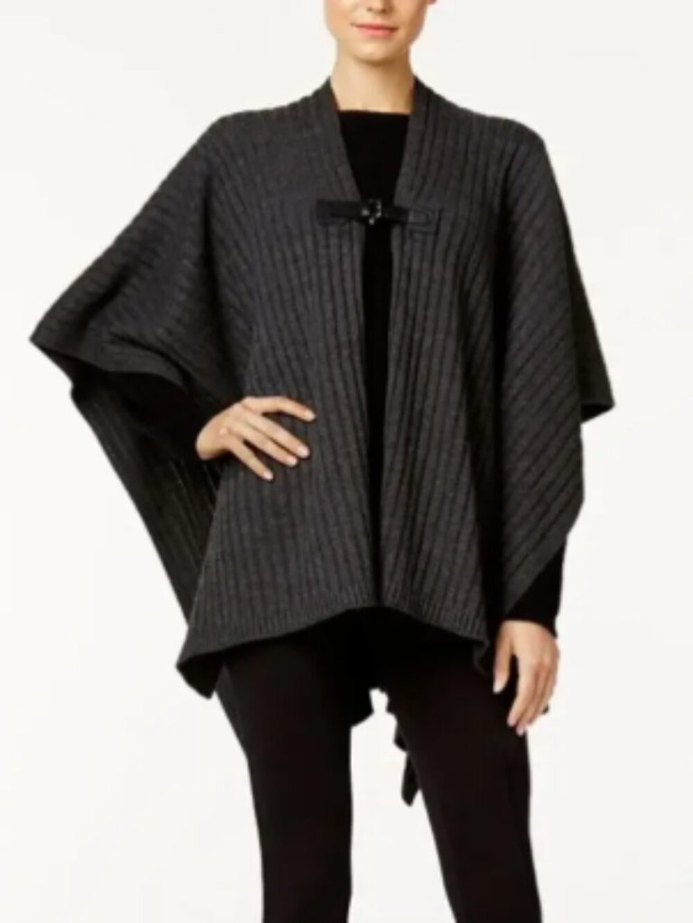 Michael Kors Ribbed Knit Leather Trim Poncho Charcoal Gray NWT One Size